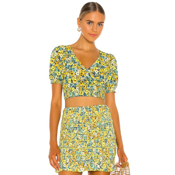 l*space Tops - L SPACE Shine On Top Womens XS Yellow Daisy Diamond Floral Short Sleeve Cropped